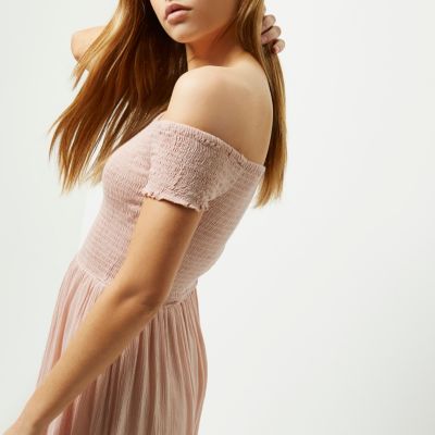 Light pink shirred bardot maxi dress
